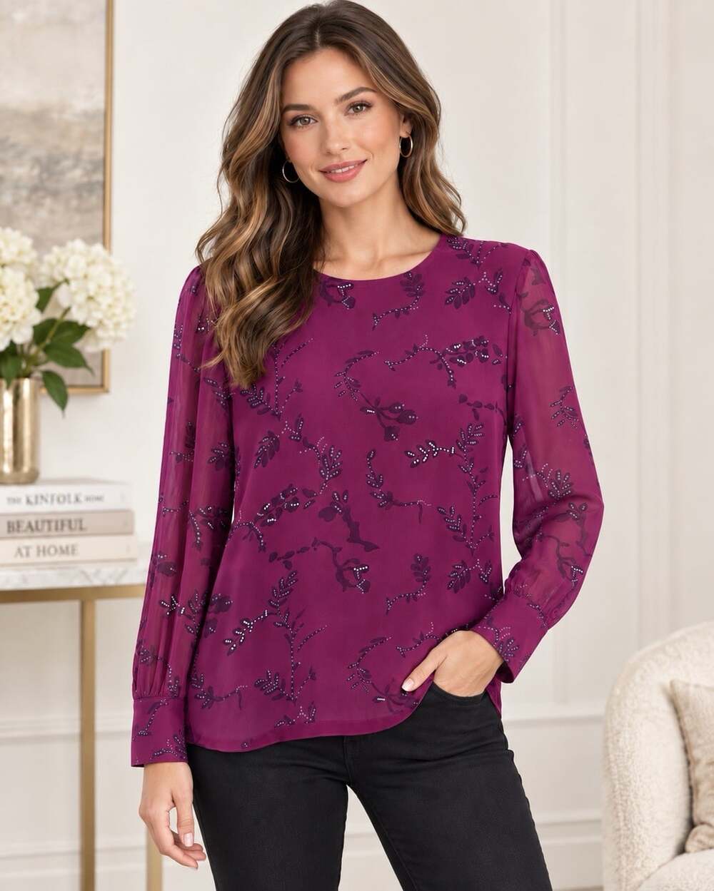 Dana Buchman sz 12 100% Silk plum Floral Long Sleeve Blouse Top Sheer Sleeve